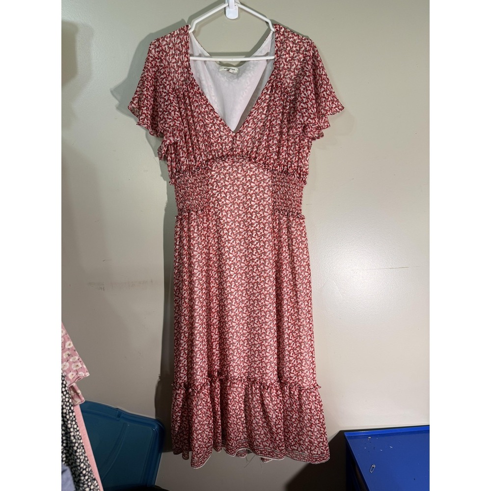 Dress Womens S Red Floral Midi Blouson Smocked Ruffle Chiffon 100% Polyester